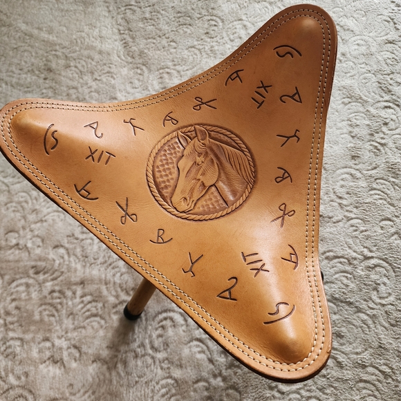 Chambers Phoenix Az Other - Vintage Leather Tripod Stool with Horse Design Hand Tooled